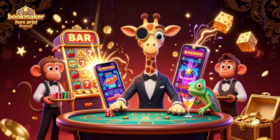 Pari sur bookmaker hors ARJEL France avec des symboles de casino et une ambiance festive