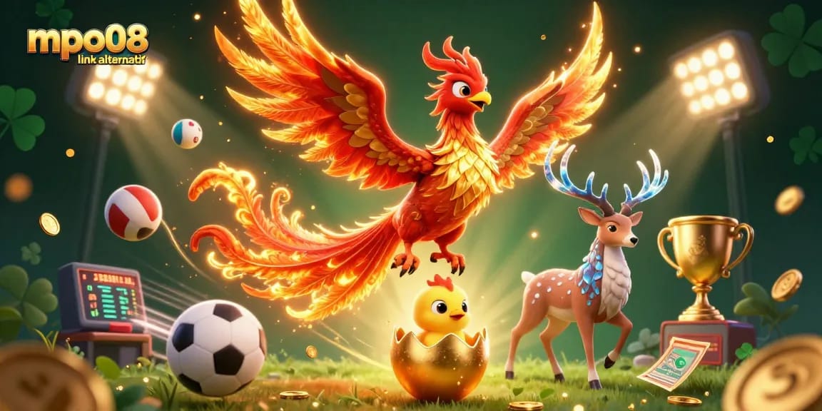 Engage with mpo08 link alternatif through vibrant sports symbols and mythical characters in a thrilling gambling scene.