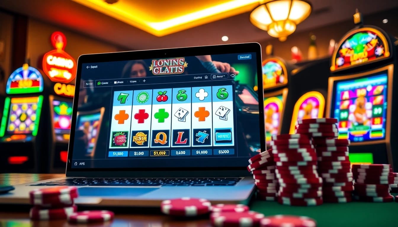 Engaging online slots UK gaming setup featuring a laptop and vibrant casino elements.