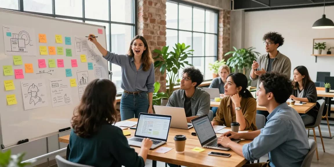 Collaborative startup team at https://www.startsomethingpc.com brainstorming innovative business ideas in a bright co-working environment.