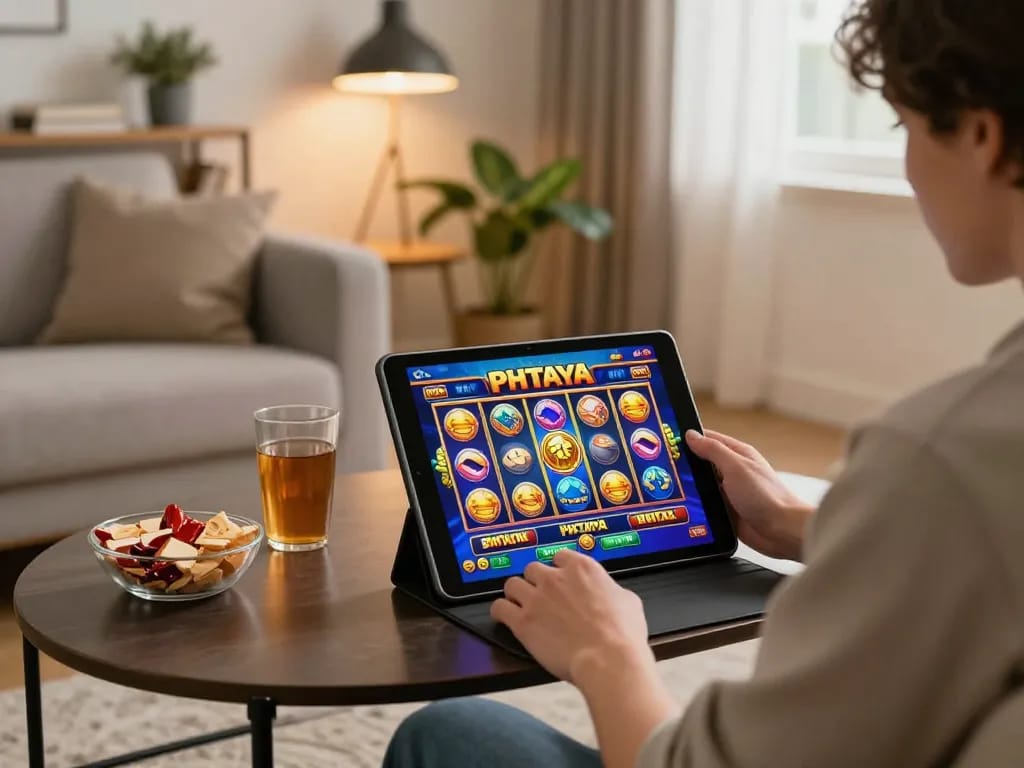 SLOT PHTAYA gameplay on a tablet in a cozy home setting showcases strategic online gambling.