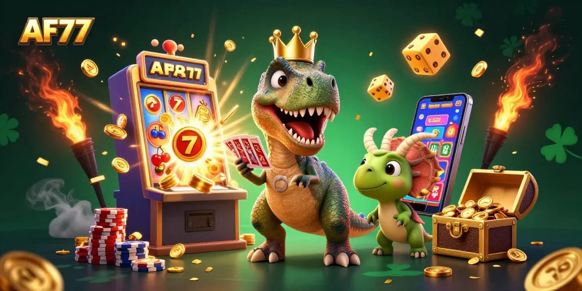 Join AF77 for a thrilling casino experience featuring a T-Rex, vibrant slot machines, and golden chips.