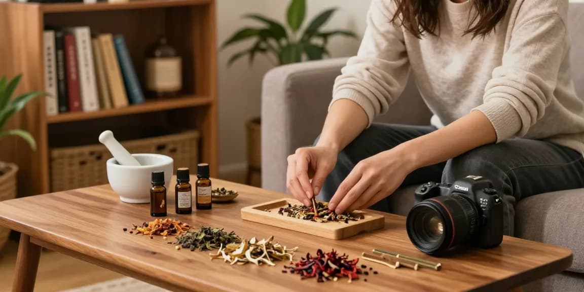 Creating a relaxing blend with legal-incense ingredients in a cozy home.