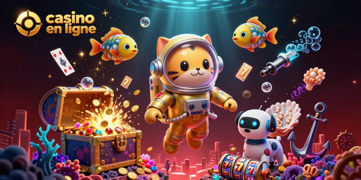 Illustration d'un casino en ligne captivant avec un chat astronaute et un chien robot, jouant dans un univers flottant.
