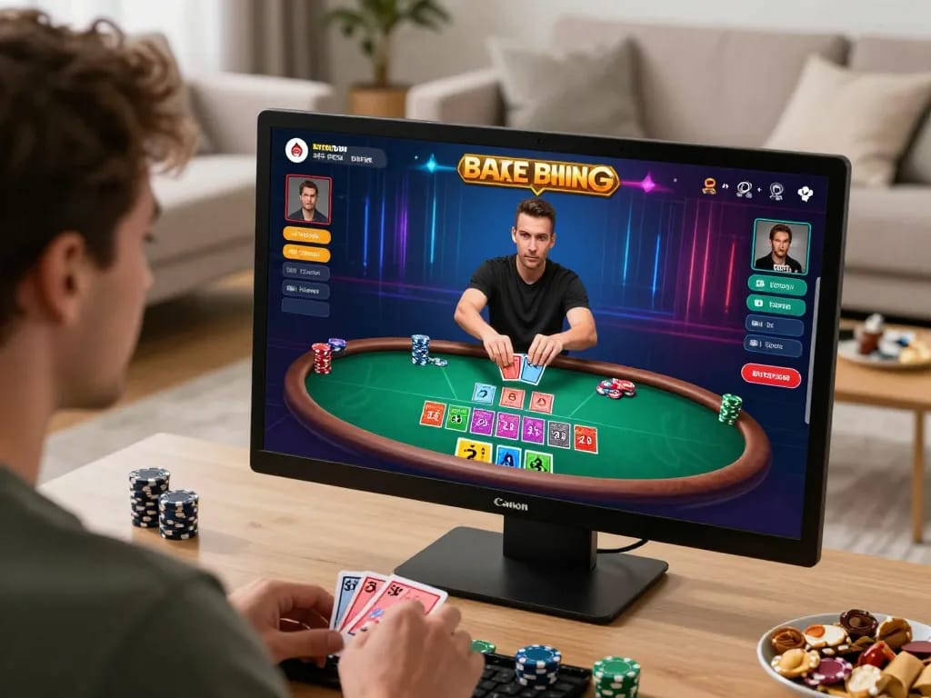 Engaged player enjoying an online blackjack game on sky88c with live dealer, cozy home atmosphere and snacks.