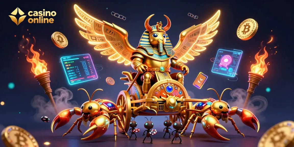 Joacă la un casino online cu un scarabeu colosal de aur și simboluri de noroc strălucitoare.