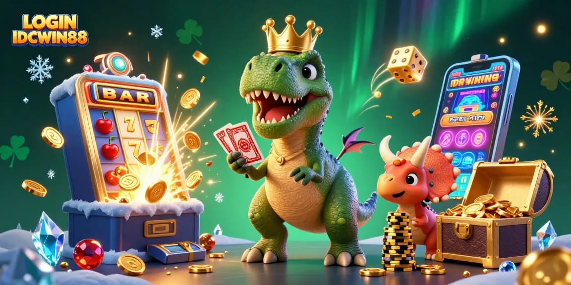 Experience excitement with LOGIN IDCWIN88 as a T-Rex shuffles cards amidst a jackpot explosion.