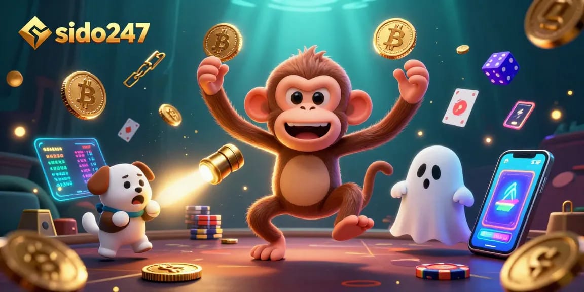 Engage in thrilling gaming with sido247 as a mischievous monkey juggles golden coins in a vibrant casino.