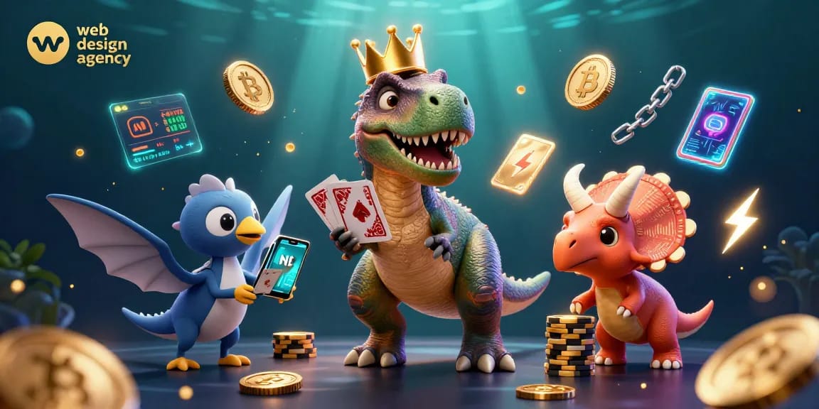 Stunning 3D casino scene by a web design agency showing a T-Rex shuffling cards with a baby triceratops stacking chips.