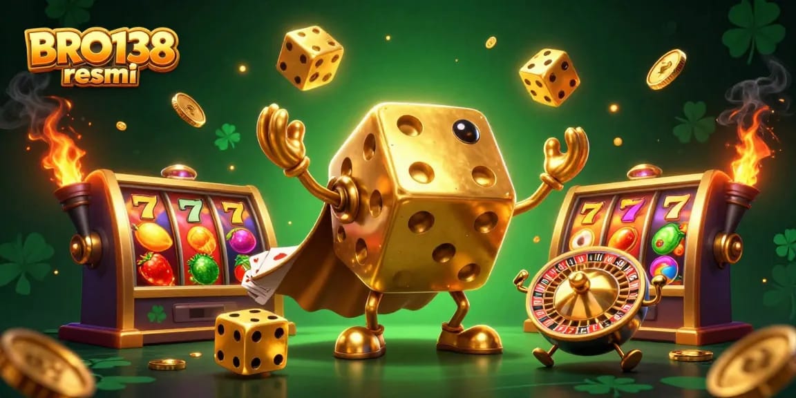 Engage with BRO138 resmi, featuring a 3D golden dice golem amidst dynamic slot elements and gold coins.