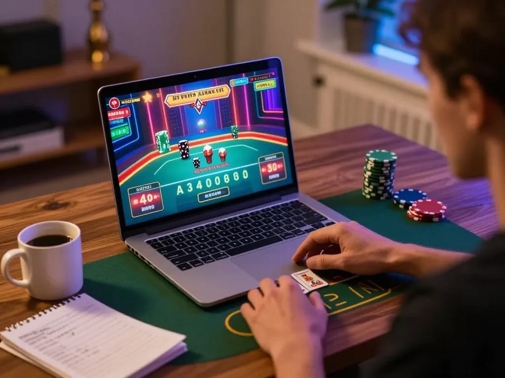 LUCK8 player enjoying live blackjack with vibrant graphics and strategy notes at cozy home setup