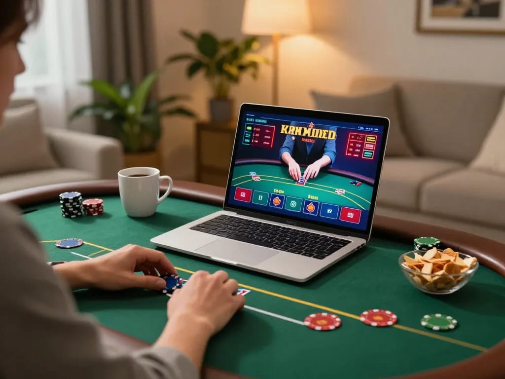 iWin player enjoying online poker with vibrant graphics in cozy home setup