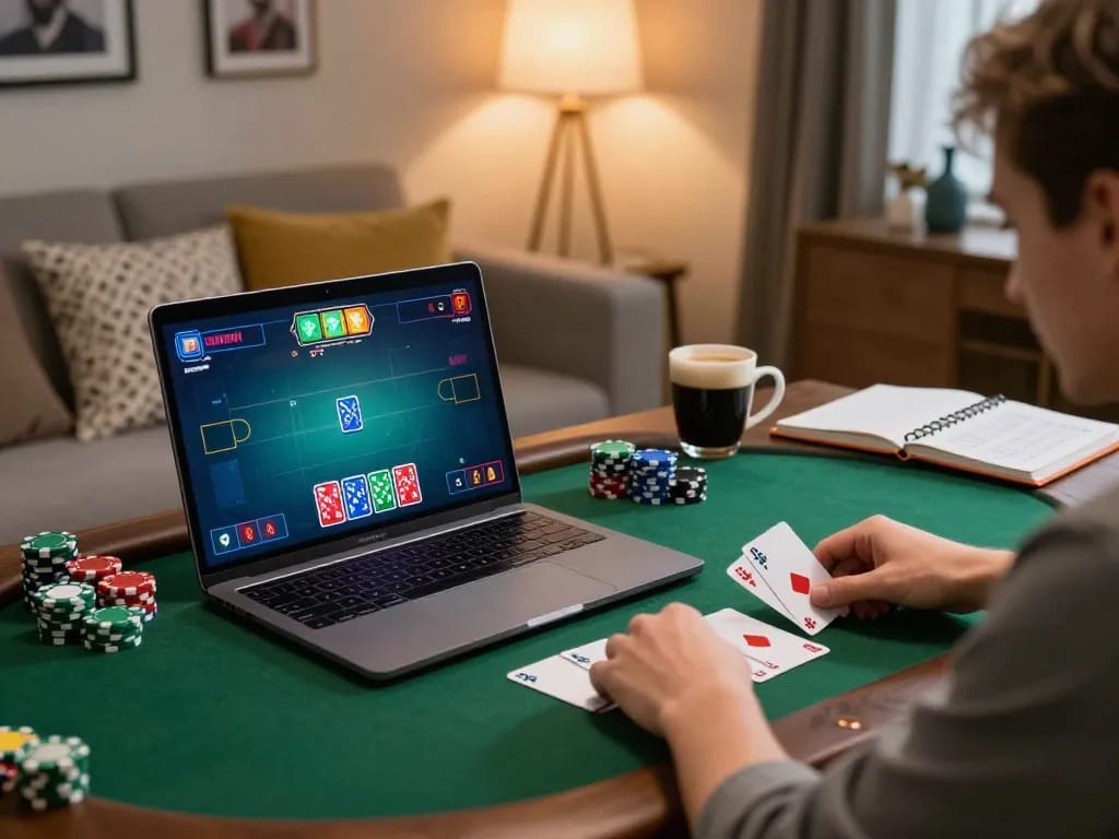 C168 player enjoying an online poker game, displaying excitement and strategy in a cozy home setup.