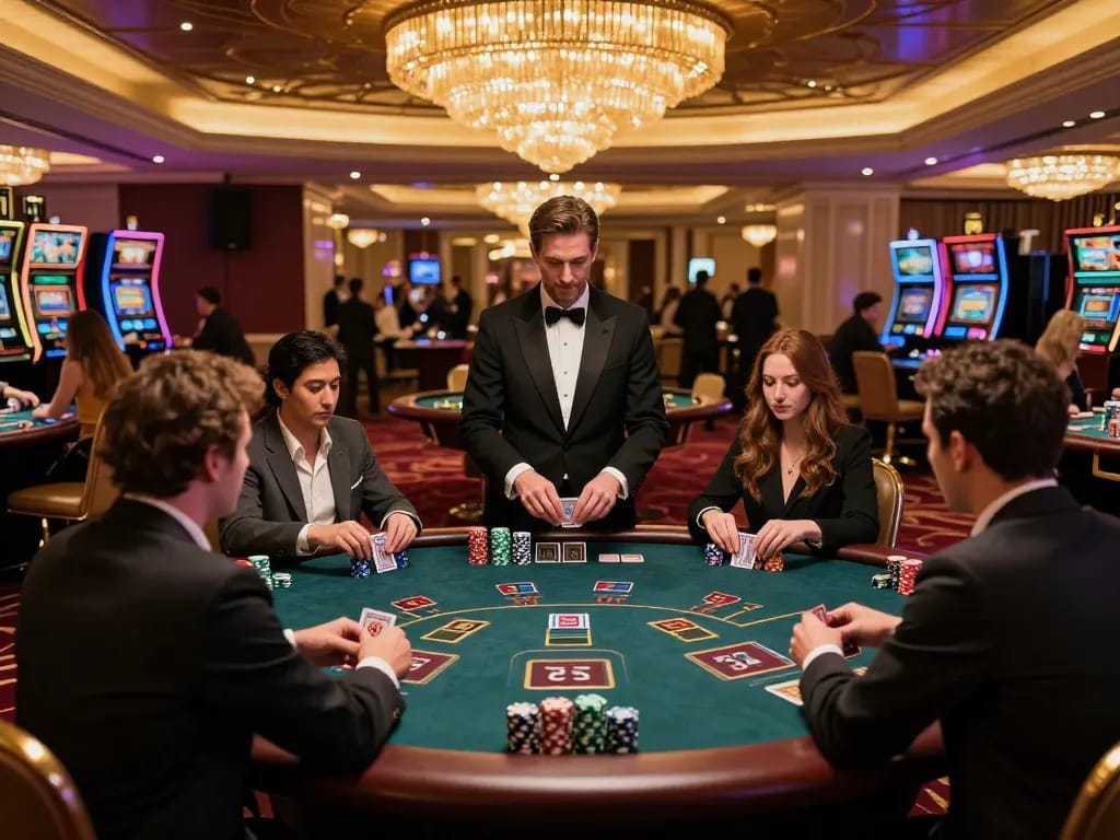 Players strategizing at a blackjack table in a lavish casino setting, showcasing the thrilling atmosphere of sv368 gaming.