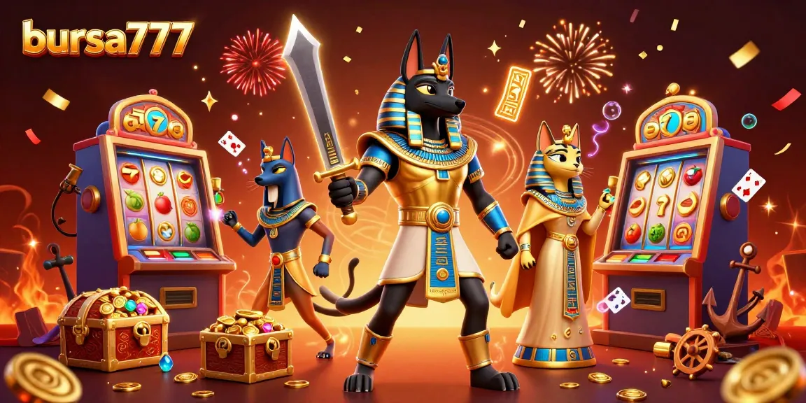 Gambarkan sensasi bermain bursa777 dengan slot mesin, karakter Anubis dan Bastet, semua dalam satu ilustrasi 3D.
