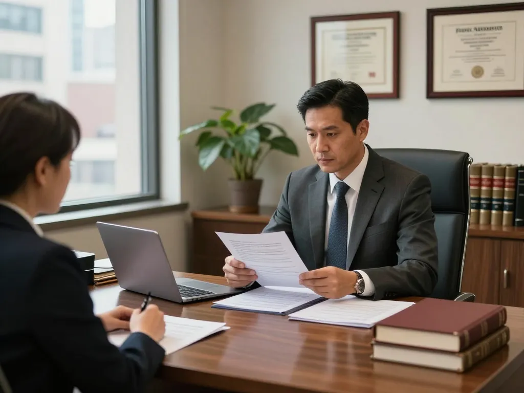 Attorney discussing legal options with client, showcasing American legal help in a professional setting.