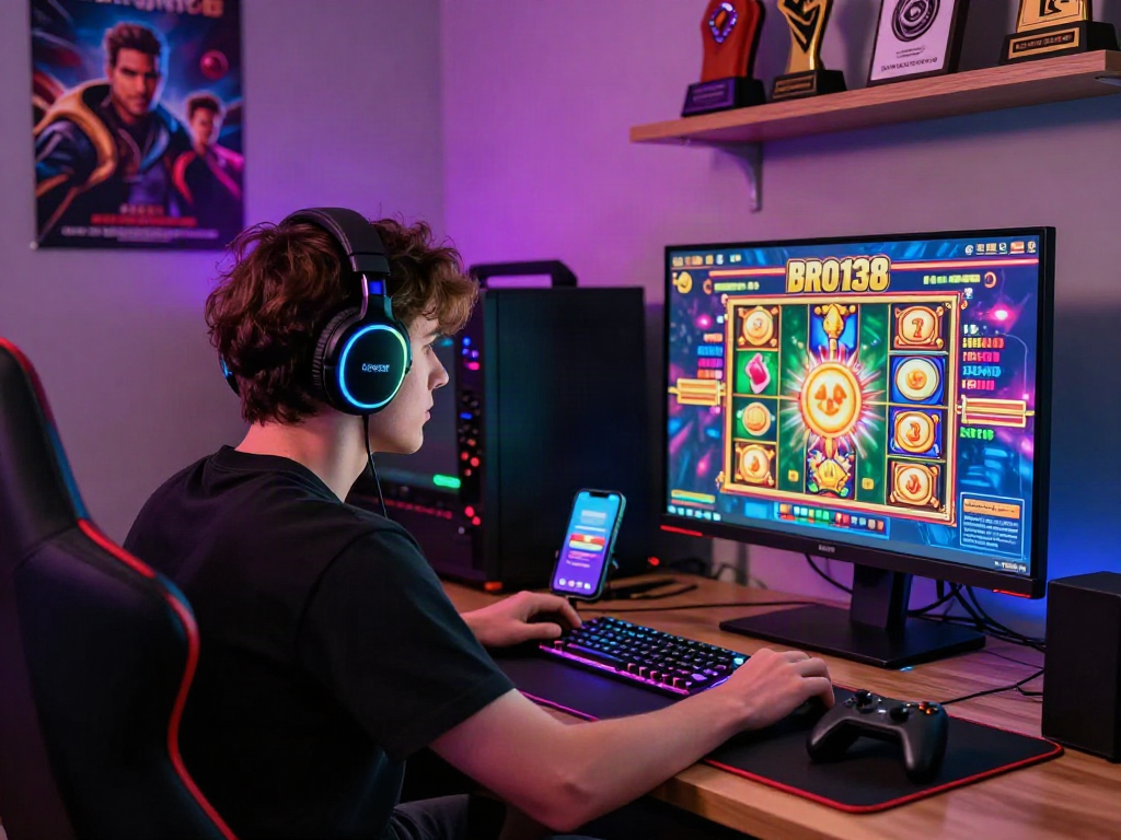 Player engaged in the bro138 slot game in a vibrant online gaming setup with LED lights and digital devices.