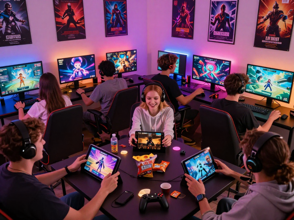 Players enjoying various sex games online in a vibrant gaming room setting.