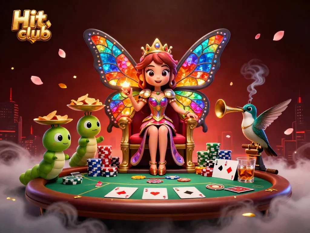 Engage with the vibrant Hit club scene featuring a butterfly queen amidst poker elements and rich casino details.