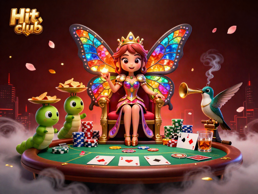 Engage with the vibrant Hit club scene featuring a butterfly queen amidst poker elements and rich casino details.