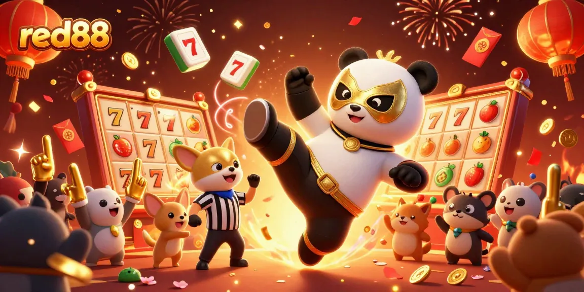 Experience thrilling action with red88, featuring a wrestler panda amidst stunning casino elements.