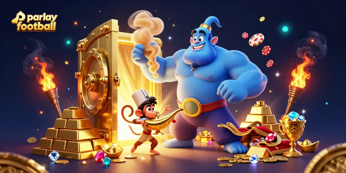 Experience the thrill of parlay football with a vibrant 3D illustration showcasing a genie, a monkey, and festive casino elements.
