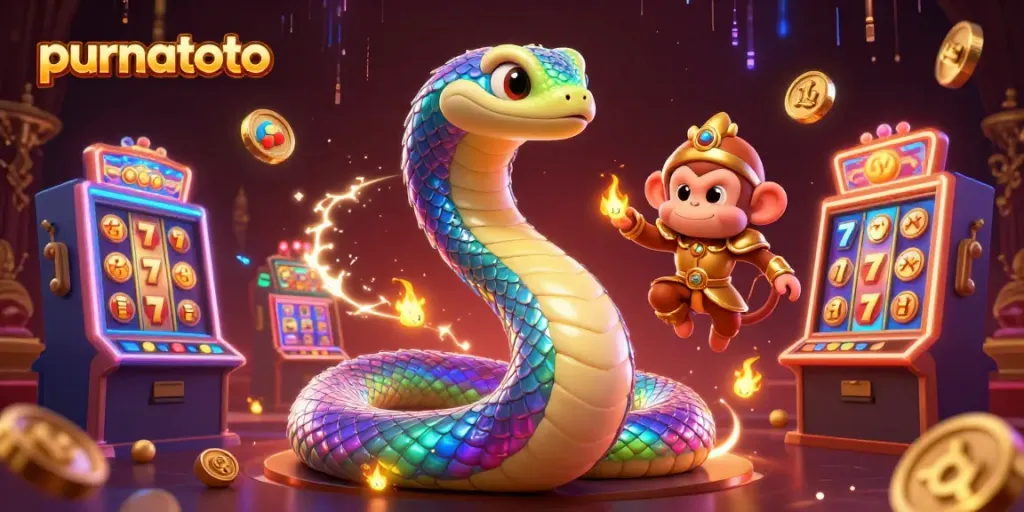 Purnatoto menampilkan ilustrasi 3D slot yang meriah dengan ular pelangi dan raja monyet dalam arena permainan