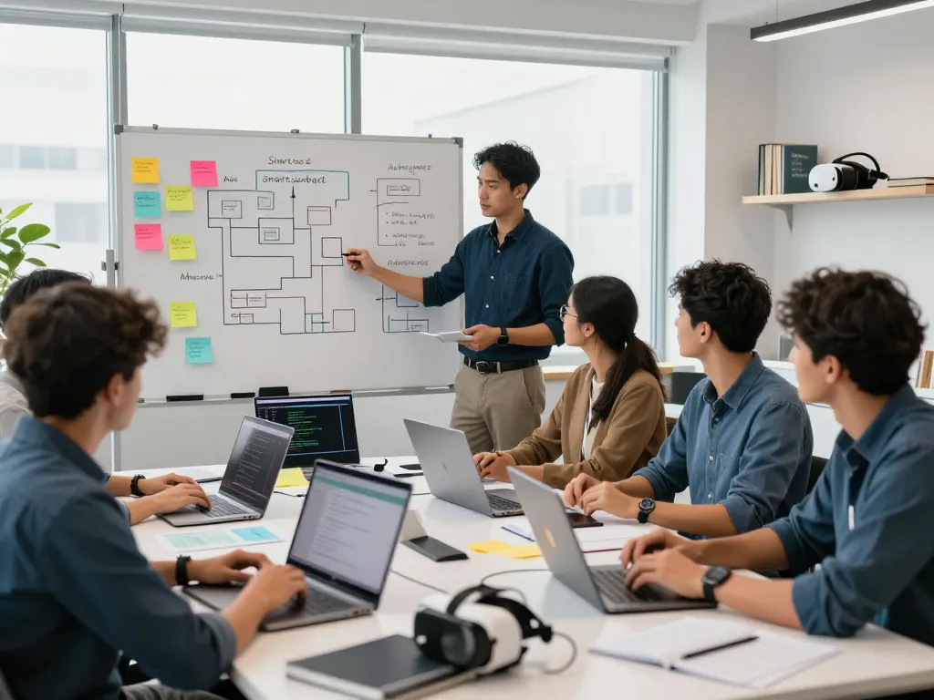 IODeFi smart contract development team collaborating in a modern office environment.