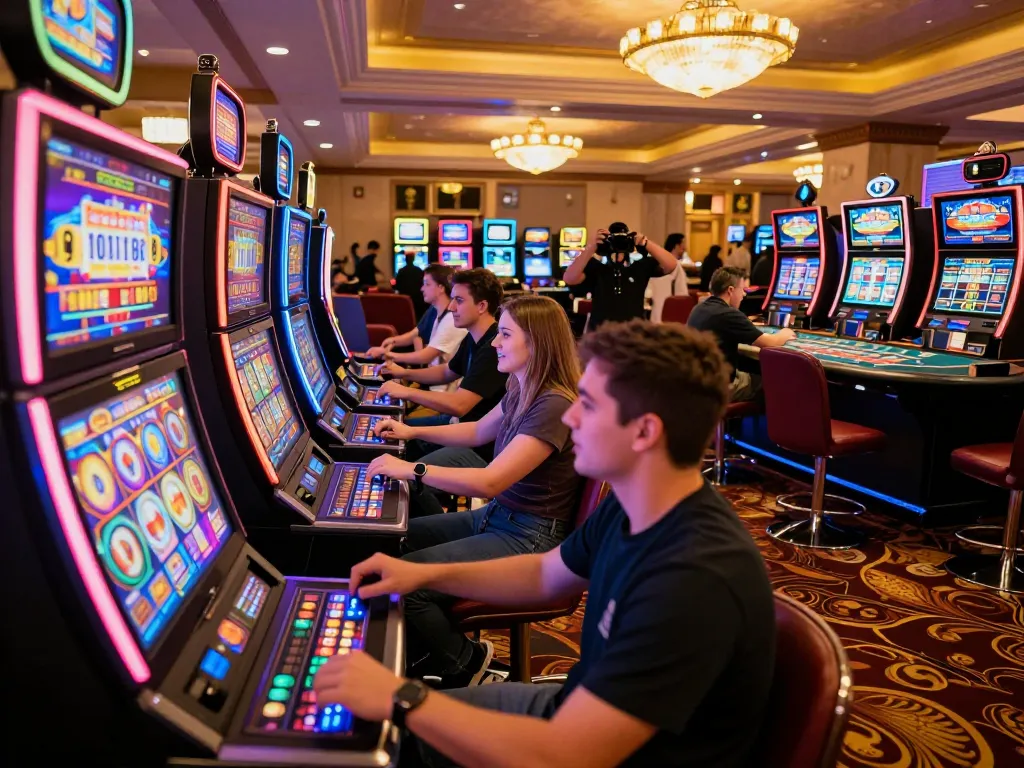 Engaged players enjoying slot depo 2k action on vibrant casino floor with colorful machines.