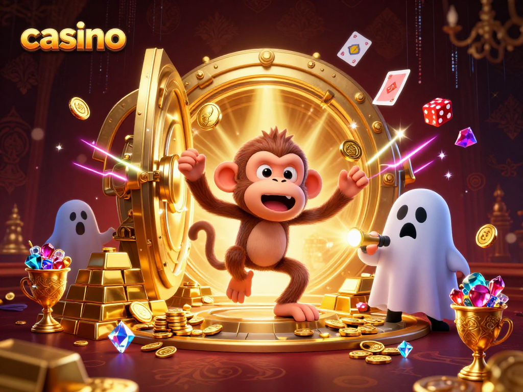 Casino scene featuring a playful monkey juggling gold items and a curious puppy with a flashlight.