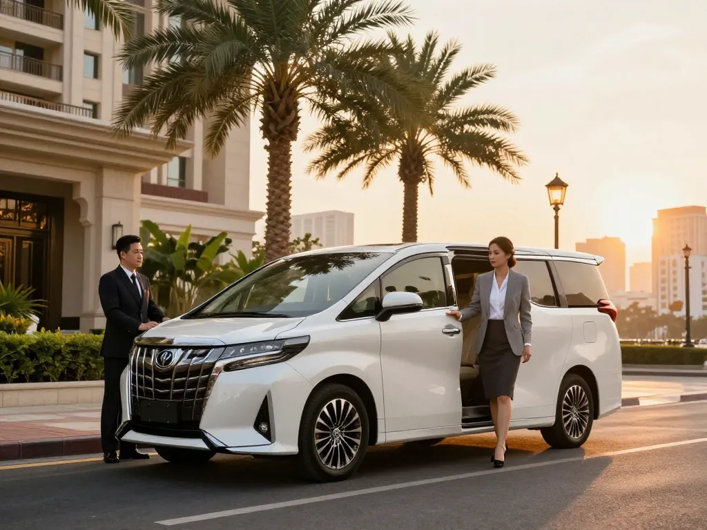 Trải nghiệm sang trọng với cho thuê xe Alphard tại khách sạn cao cấp trong lúc hoàng hôn.