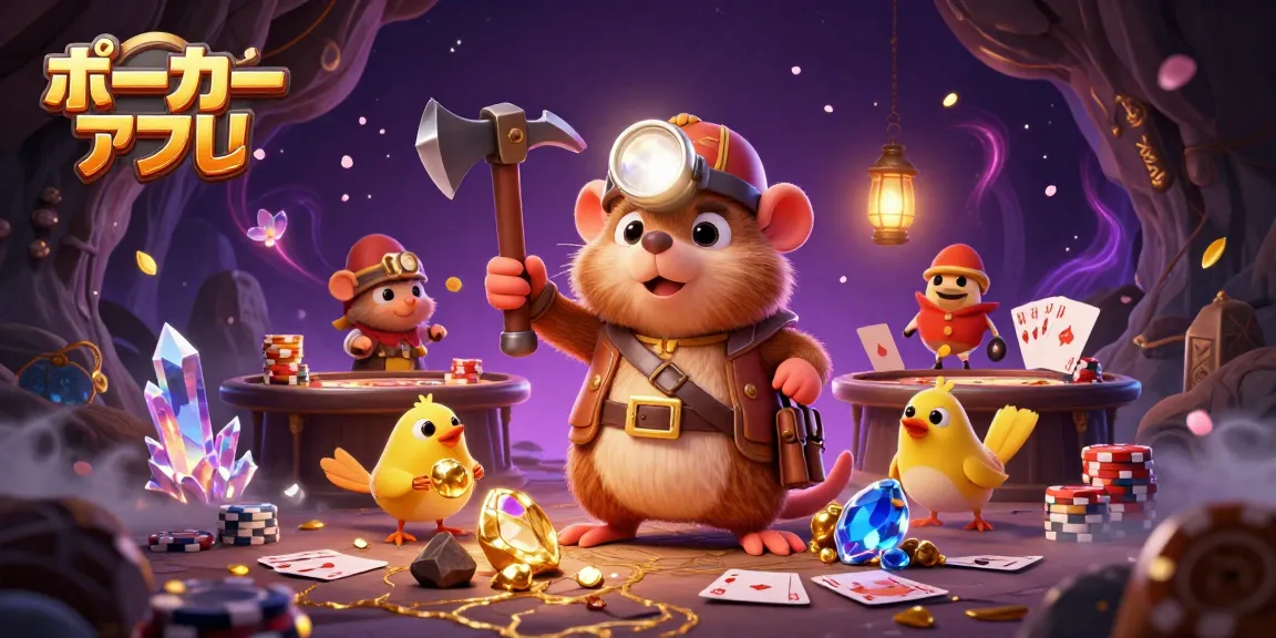 ポーカーアプリを使って勝利を目指すキャラクターたちが、テーブルやチップの中で競い合うシーン