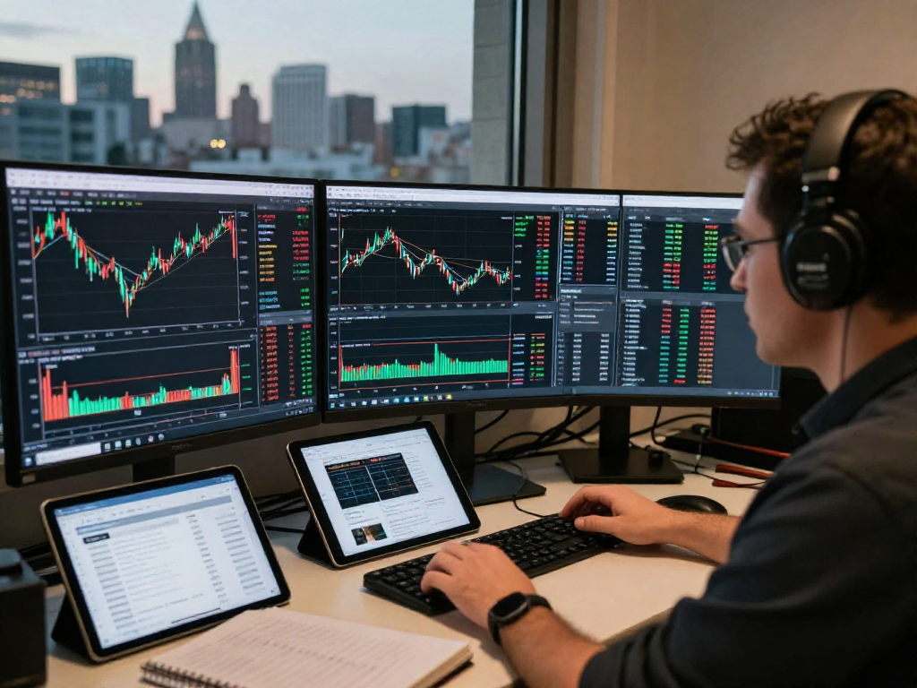 使用MetaTrader 5进行市场分析的交易者在专业的交易环境中，展示多屏幕和交易工具的工作场景。