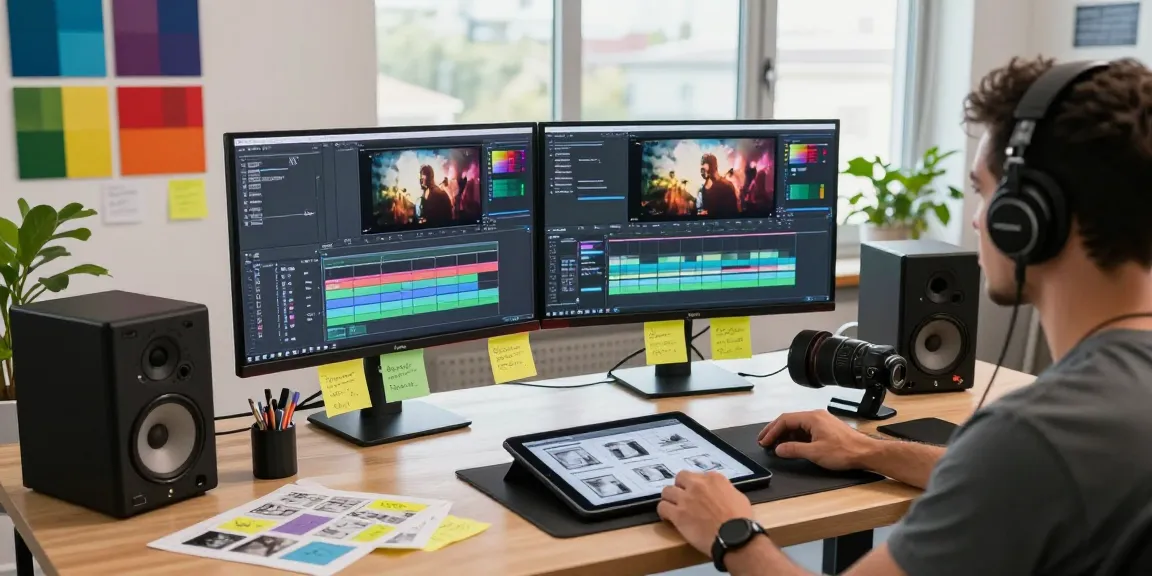 Deep dive into an After Effects and color grading workshop with an editor working on vibrant video projects in a creative workspace.