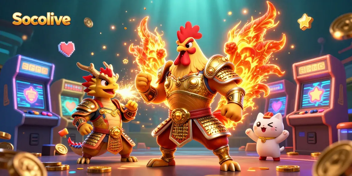 Socolive showcases a dynamic 3D illustration with gaming elements and vibrant epic characters in a rich casino scene.