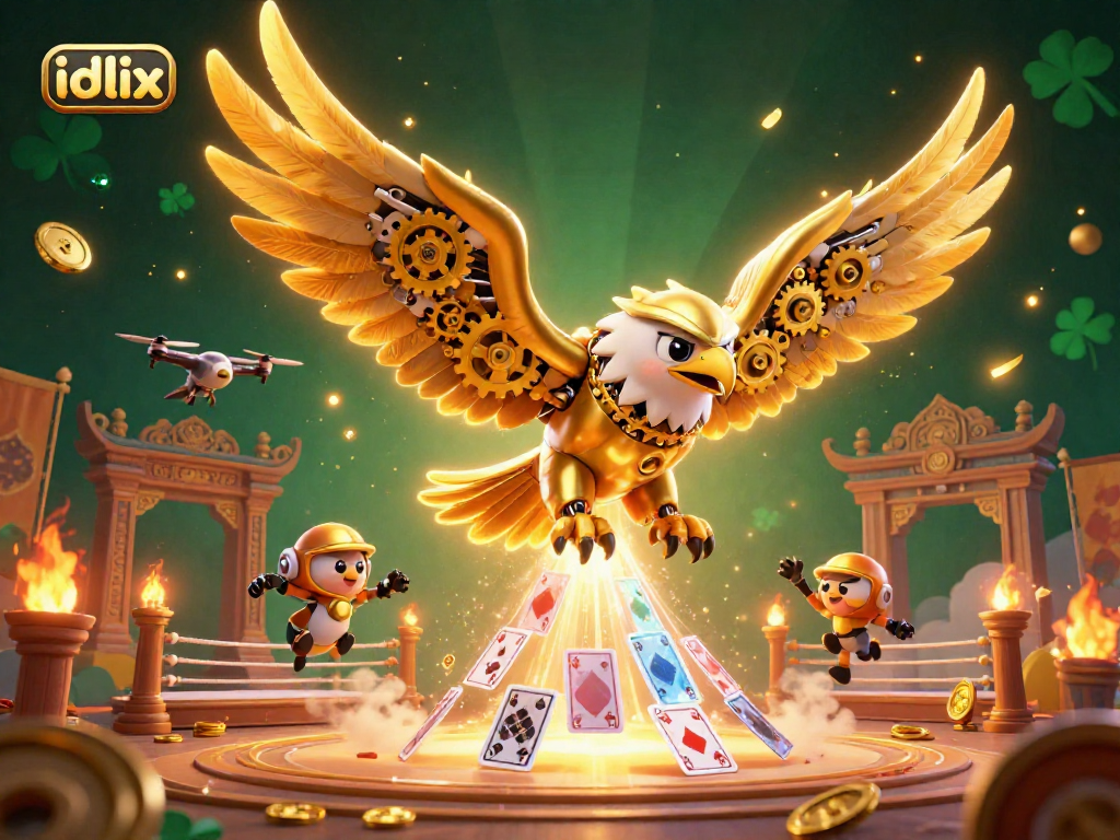 Engage with idlix by experiencing thrilling 3D casino action illustrated through a cybernetic eagle and dynamic casino elements.