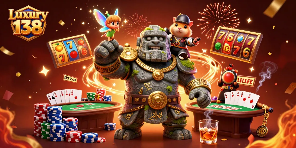 Experience Luxury 138 with this vibrant casino scene featuring dynamic slot elements and characters.