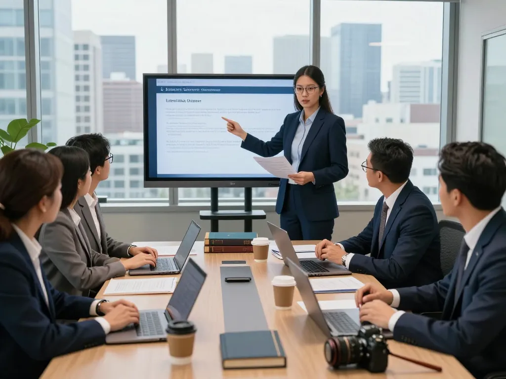 USA lawyers collaborating in a modern legal office strategy meeting.