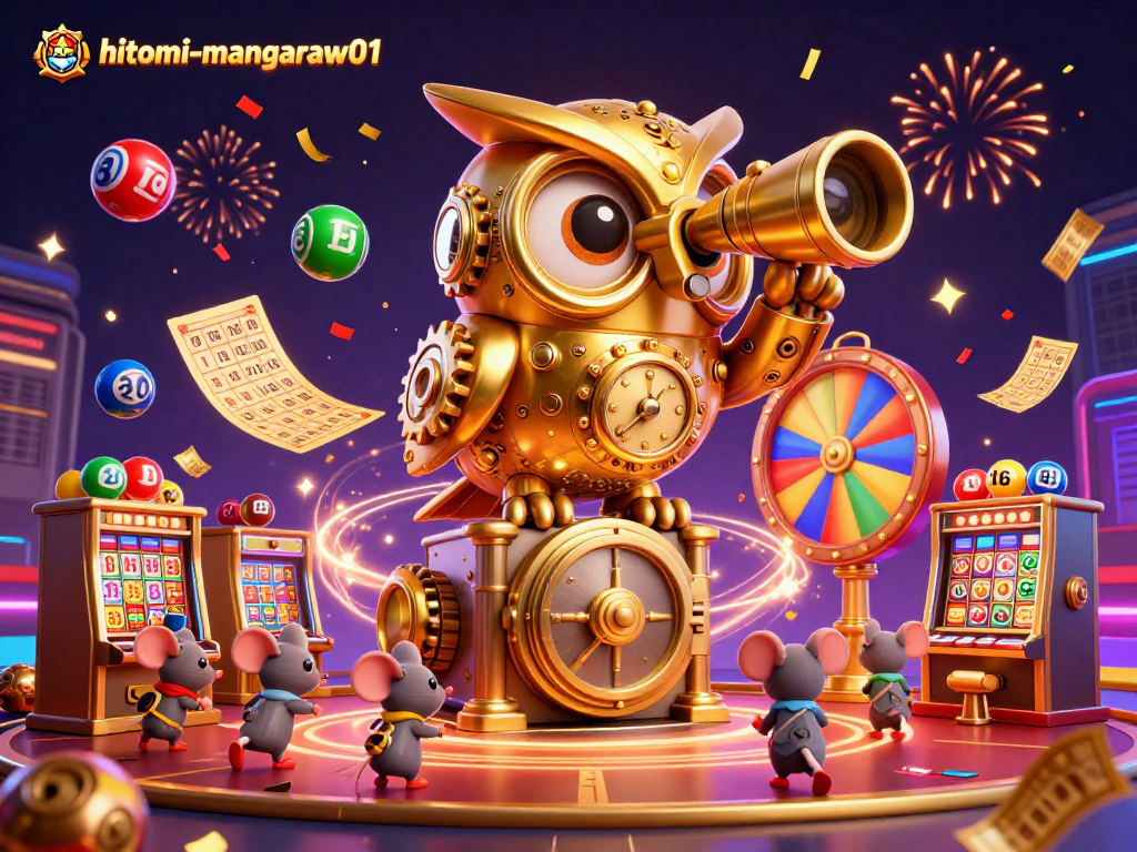 hitomi-mangaraw01 showcases a lively casino scene with a clockwork owl and animated mice amid vibrant gaming elements.
