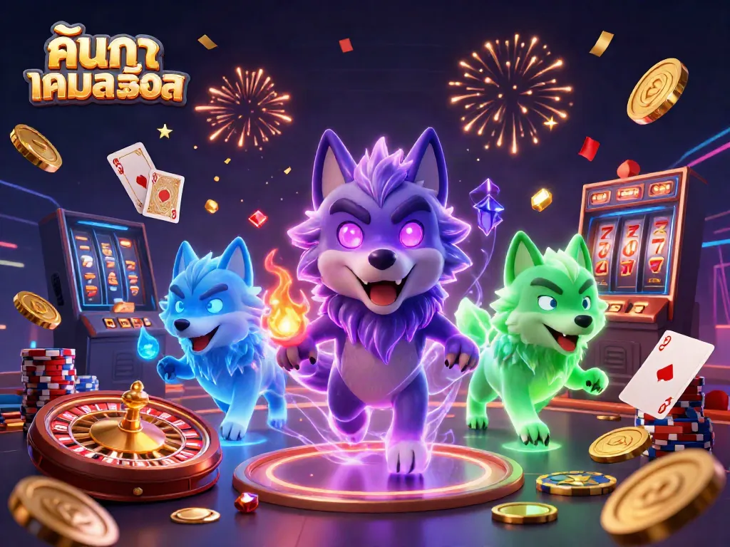 Engage in the excitement of ค้นหาเกมสล็อต featuring vivid wolf characters and dynamic casino elements.