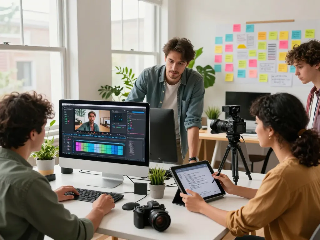 Engaging workspace scene for video prompt analysis, showcasing a team creating AI video prompts.