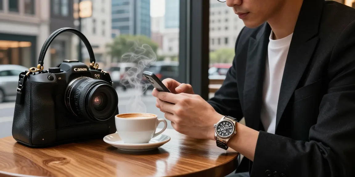 Admiring a luxury replica watch in a chic café setting, showcasing craftsmanship and style.