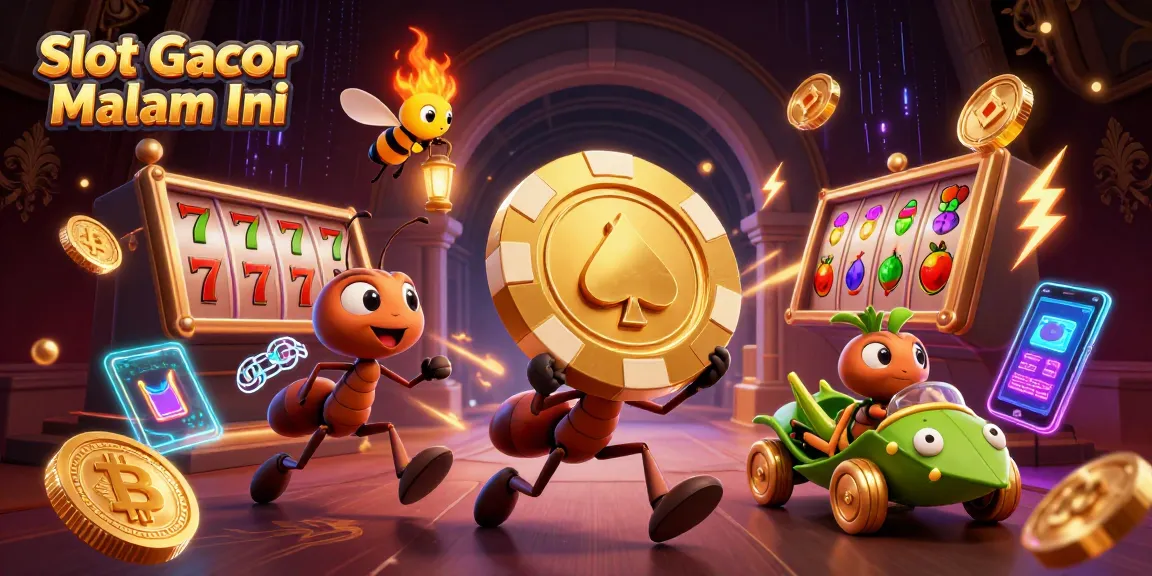 Engage in Slot Gacor Malam Ini with 3D illustrated ants carrying a giant poker chip in a vibrant casino heist scene.