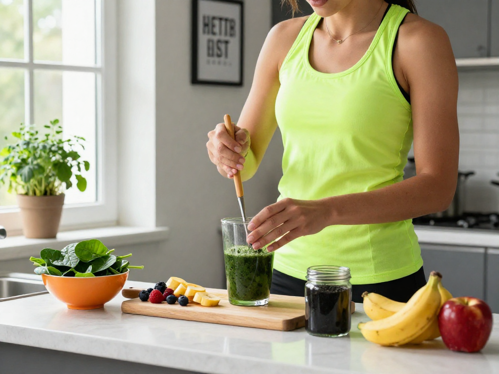 Preparing a smoothie with microalgae astaxanthin in a bright kitchen, showcasing health-conscious living.