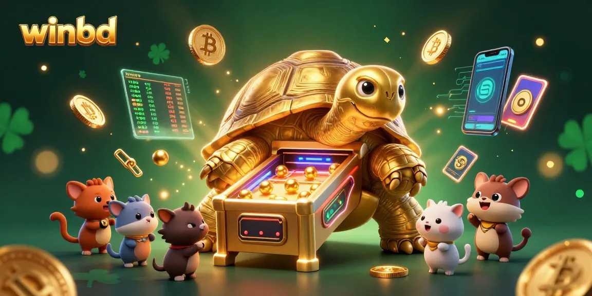 Winbd's colossal golden tortoise pinball machine attracting small animals in a vibrant casino scene.