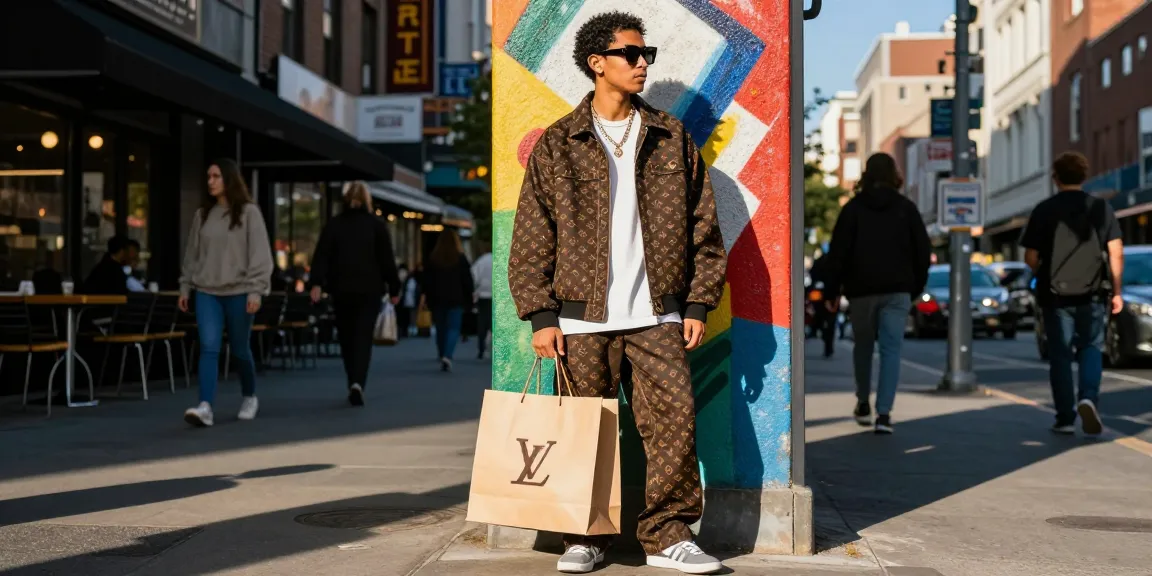 High-quality 레플리카 streetwear fashion model showcasing vibrant urban style against a colorful city backdrop.
