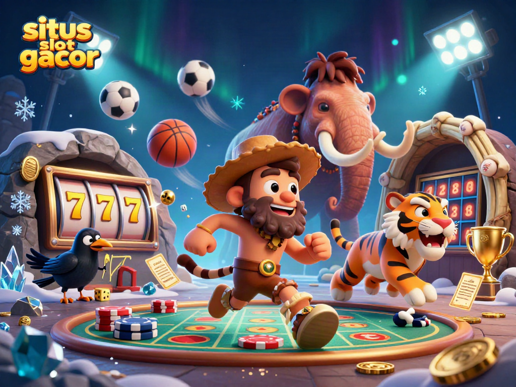 Experience situs slot gacor in a vibrant prehistoric casino scene with animated characters and elements.