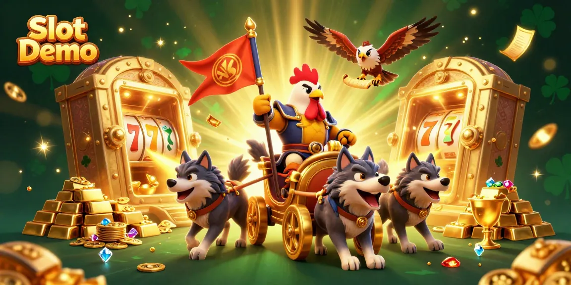 Experience the thrilling Slot Demo with the cartoon rooster warlord leading a treasure-filled casino adventure.