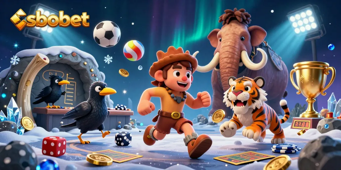 Bet on sbobet with vibrant prehistoric scene of a caveman and sabertooth tiger running a casino.