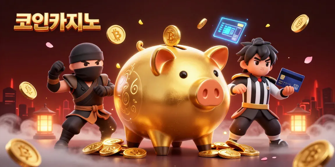 코인카지노에서 잭팟을 노리며 거대한 금 Piggy Bank과 함께하는 역동적인 장면입니다.